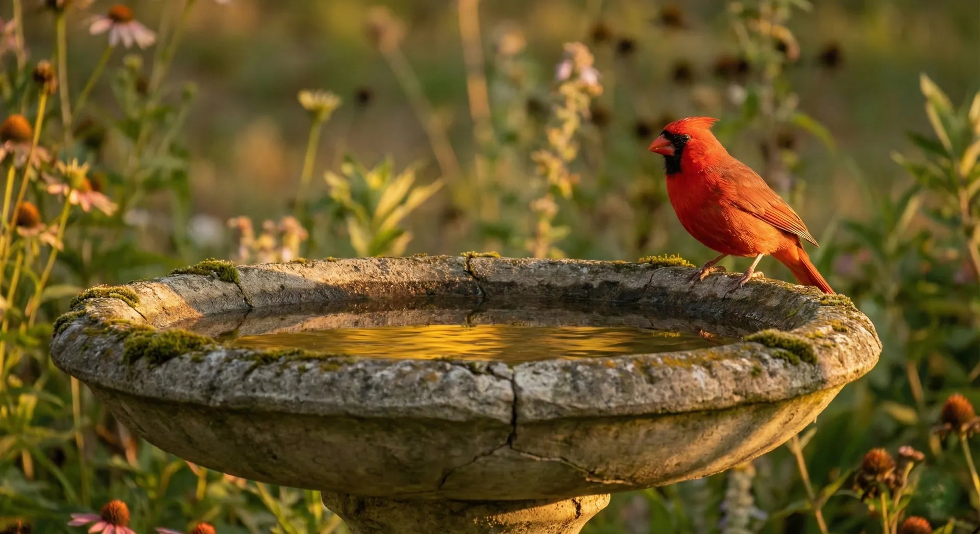 Male Northern Cardinal perched on a stable concrete bird bath