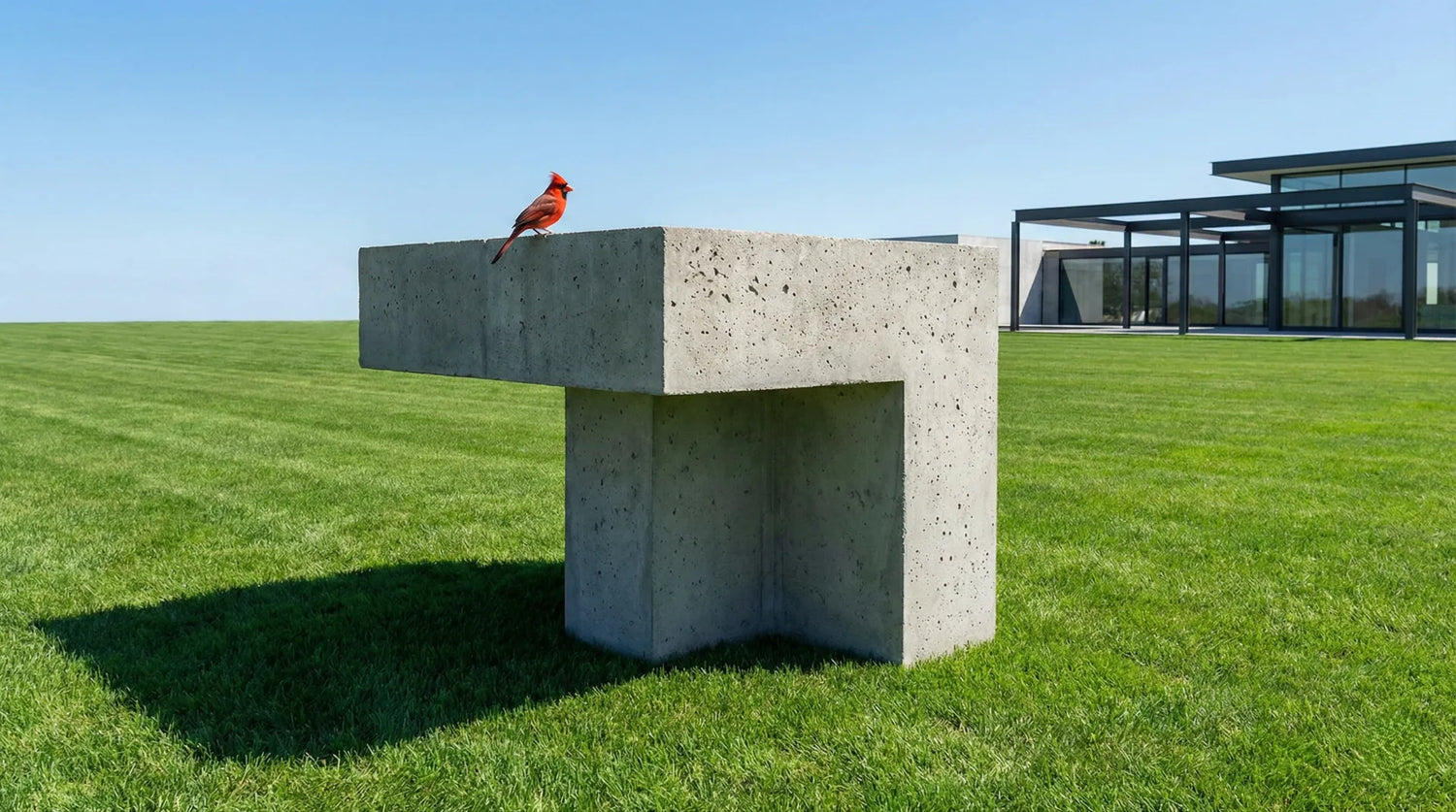 Modern concrete bird bath placed in the center of a large open lawn, demonstrating the 10-foot predator safety rule.