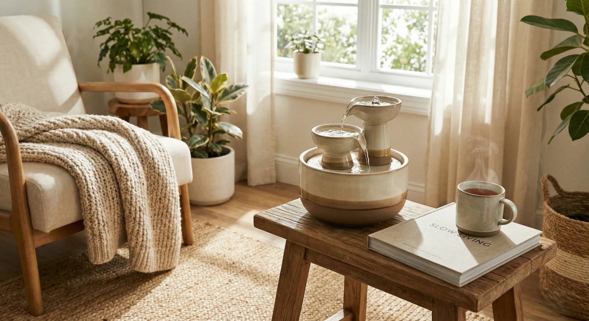 Modern tabletop water fountain on a living room side table
