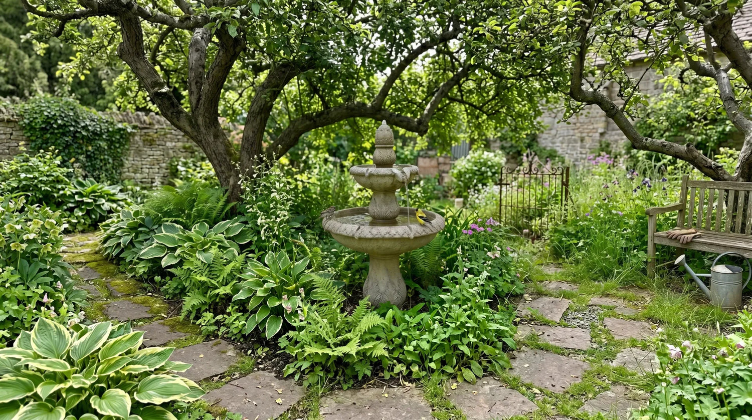 Natural backyard snapshot of a robust concrete feature functioning as both garden bird baths and yard fountains under dappled shade.