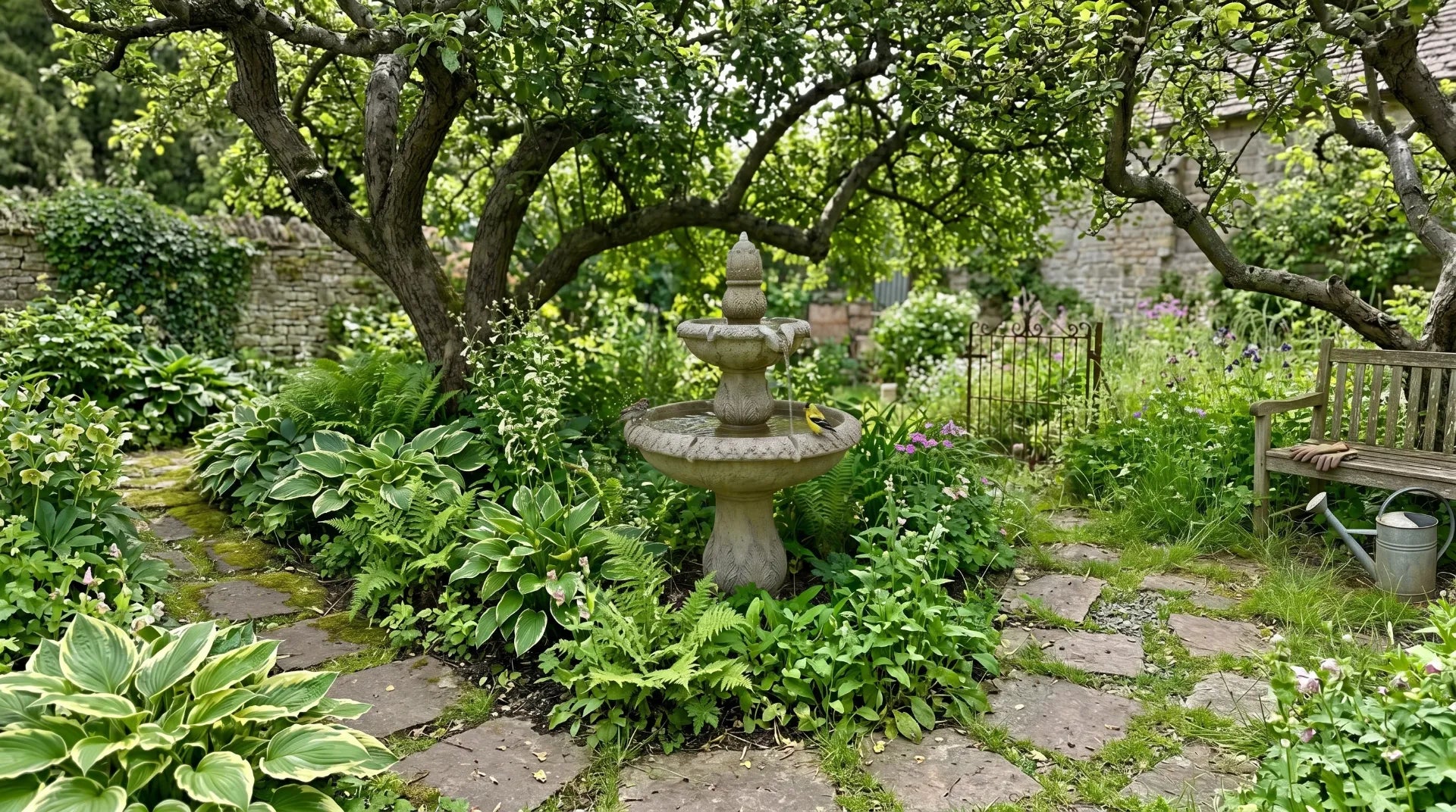 Natural backyard snapshot of a robust concrete feature functioning as both garden bird baths and yard fountains under dappled shade.