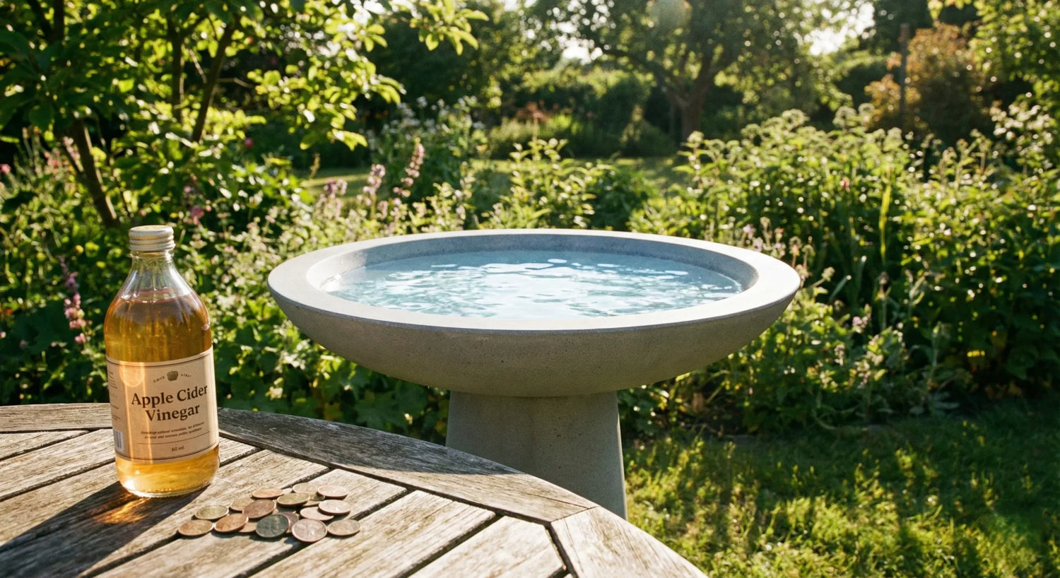 Natural bird bath algae control with apple cider vinegar and copper pennies.
