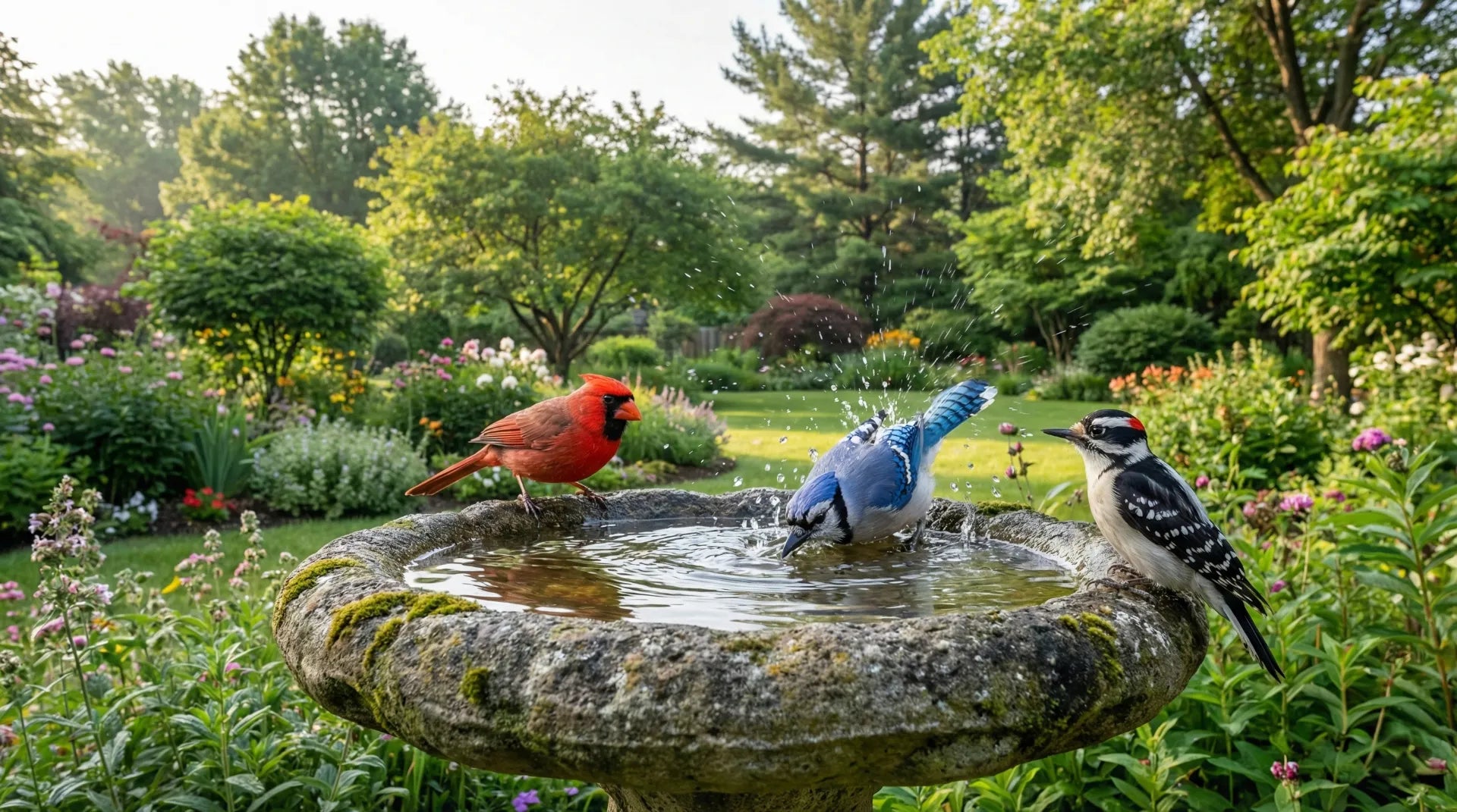 North American birds gathering around a stable concrete bird bath in a garden.