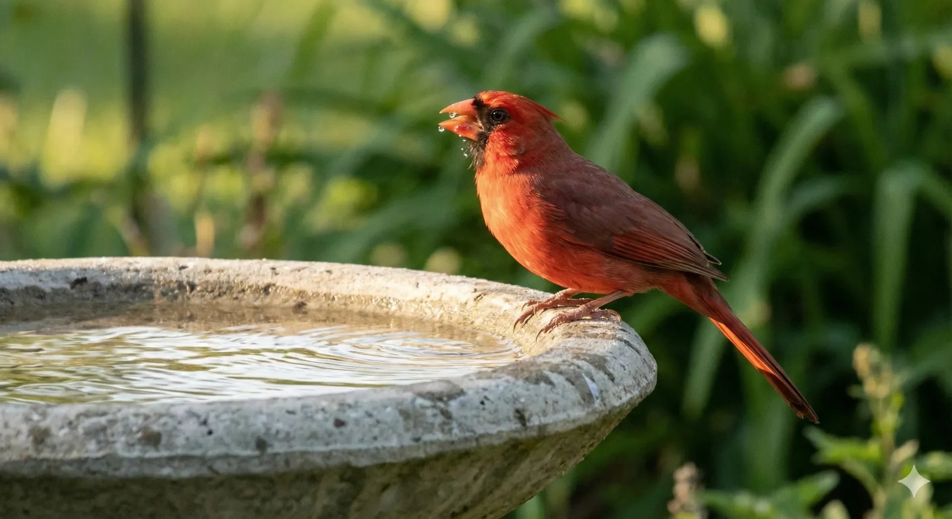 Northern Cardinal drinking fresh water from a bird bath.
