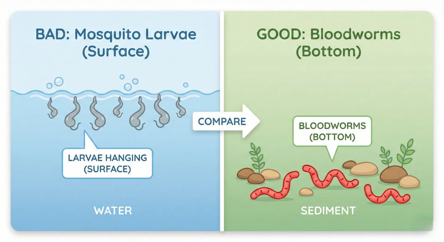 On the left is a grey mosquito larvae icon at the water surface, and on the right is a red bloodworm icon at the water bottom