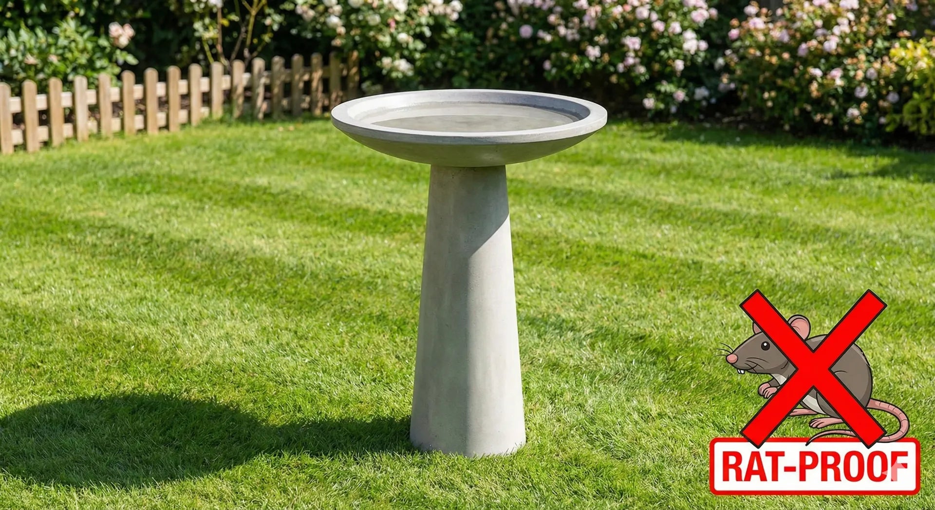 Pedestal bird bath in a clean garden with no bird seed to prevent attracting rats.