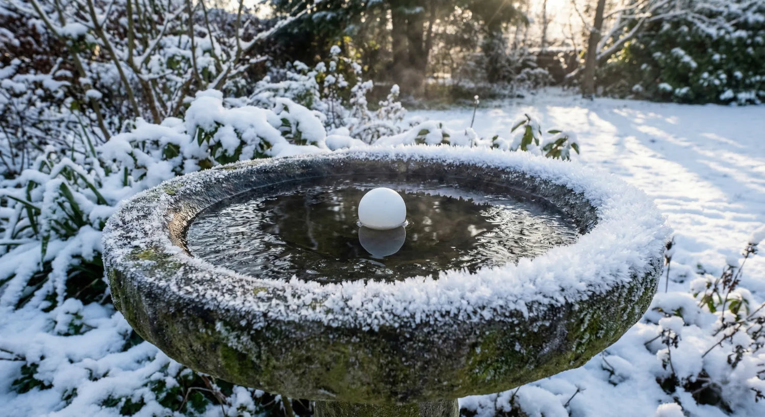 Ping pong ball in bird bath to prevent freezing.