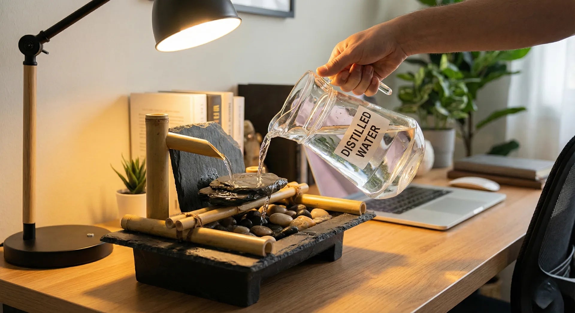 Pouring distilled water into a tabletop fountain to prevent limescale