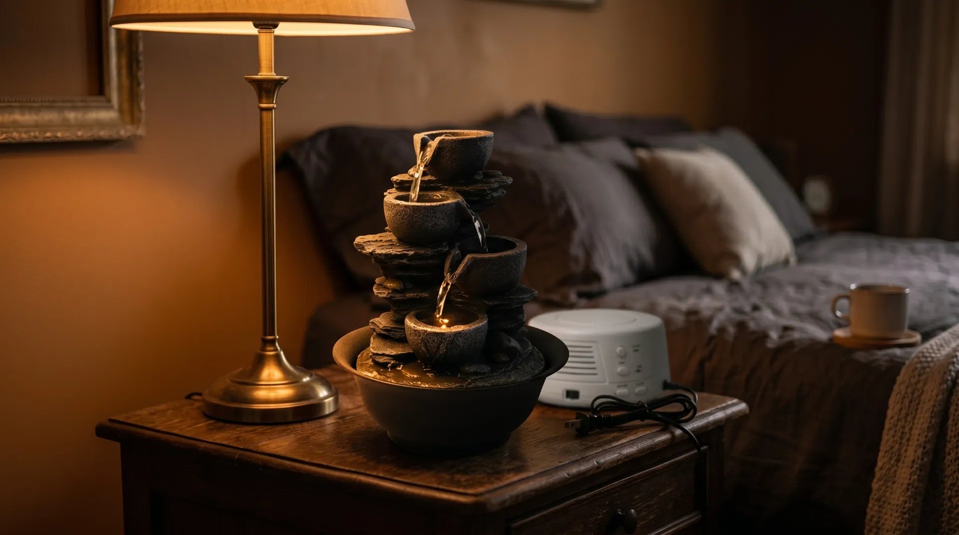 Premium multi-tier tabletop fountain operating on a nightstand next to an unplugged electronic sound machine