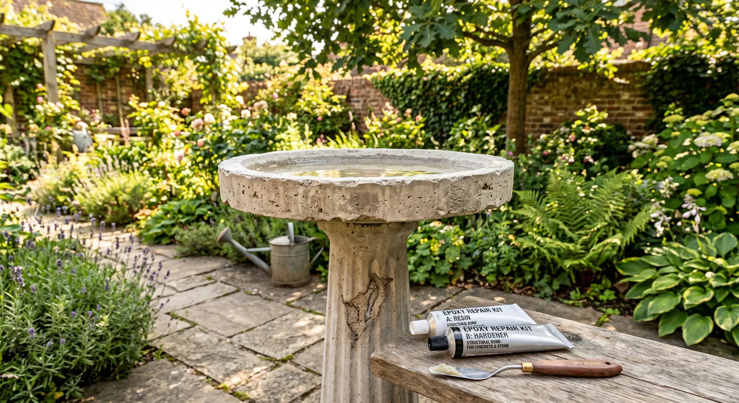 Professional wildlife-safe epoxy and tools ready to repair a cracked concrete bird bath in a sunny garden.