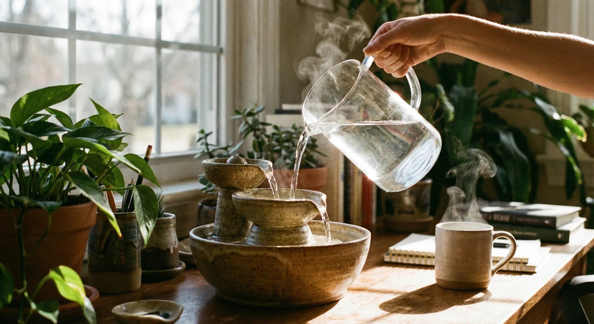 Refilling a tabletop fountain with water to fix pump noise