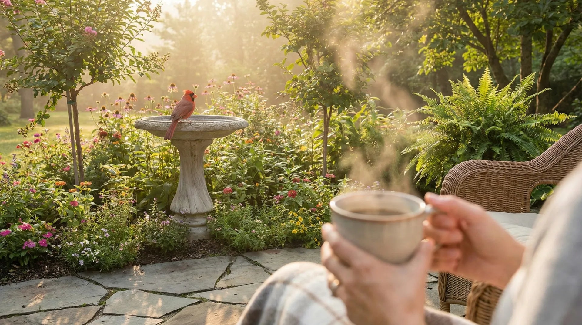 Relaxing morning coffee moment on a patio watching a bright red Northern Cardinal perched on a weathered stone bird bath.