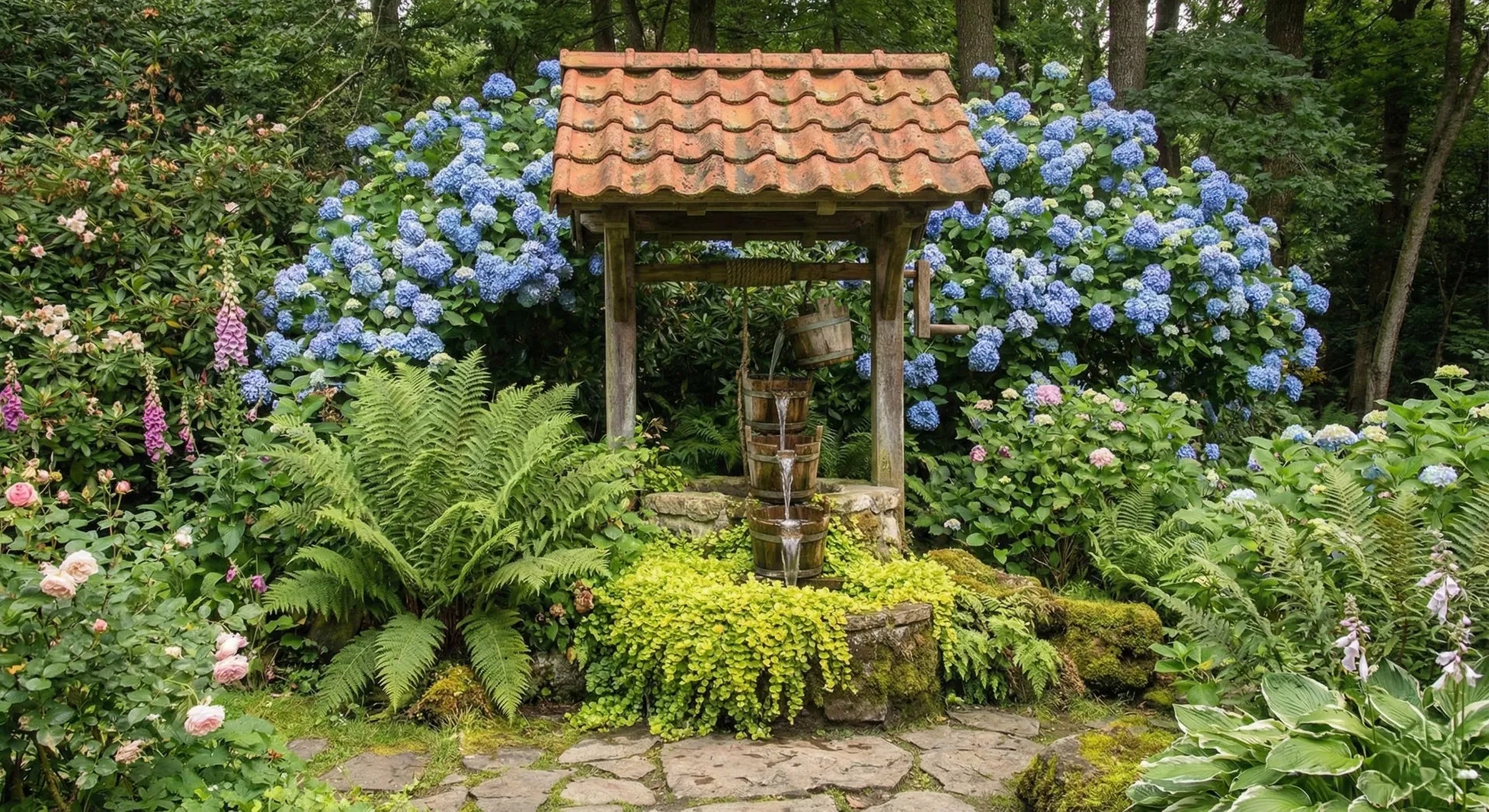 Rustic wishing well fountain surrounded by ferns, creeping jenny, and hydrangeas in a garden