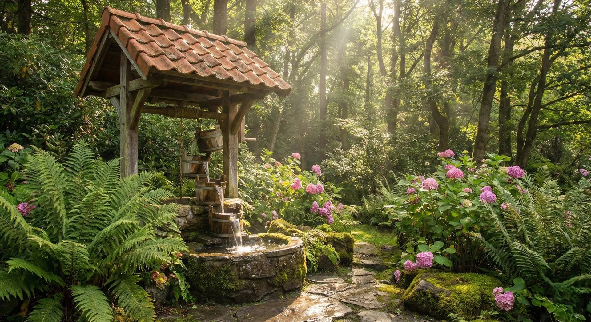 Rustic wishing well fountain with roof and buckets hidden in a garden corner