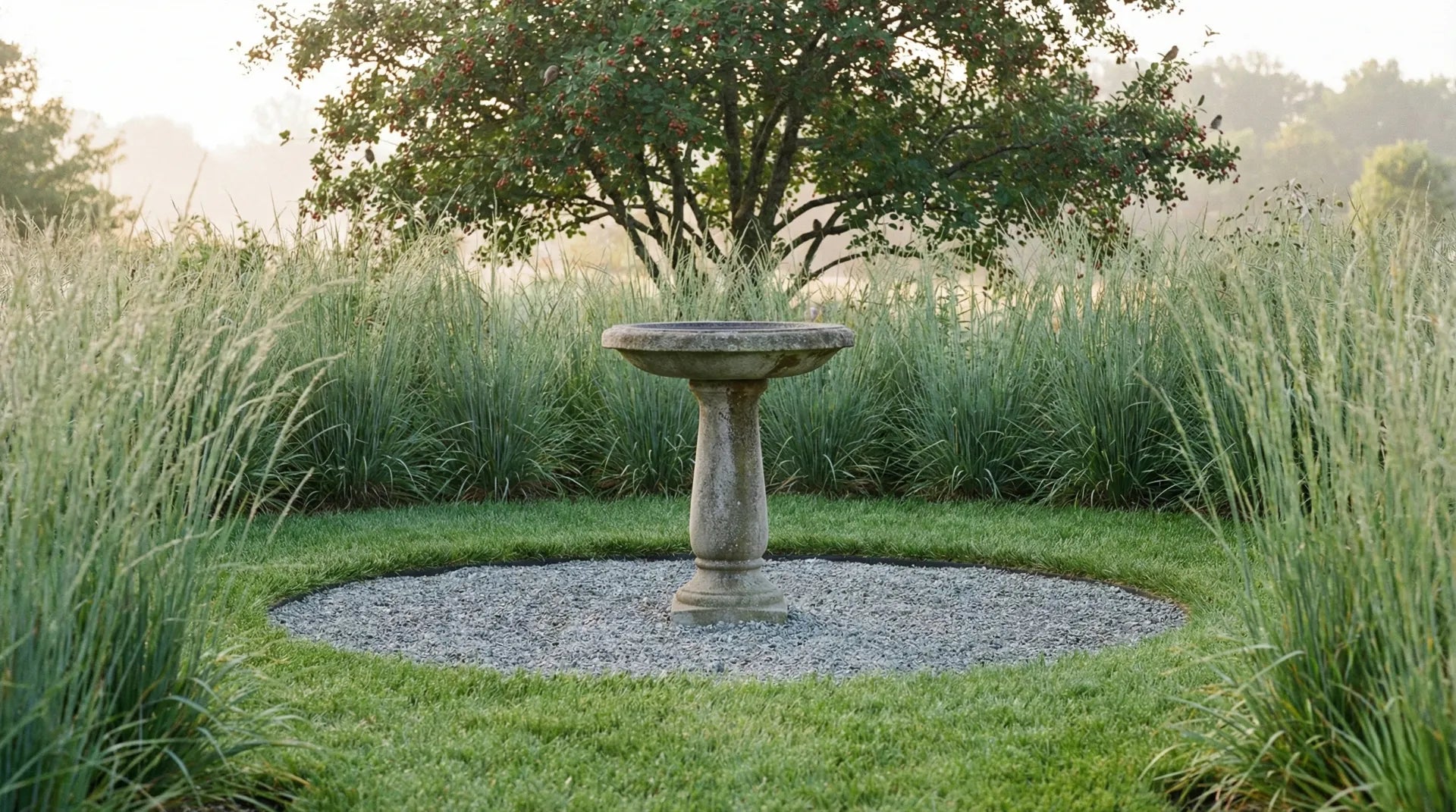 Safe bird bath landscaping design showing a 10-foot predator-free buffer zone and native plants.