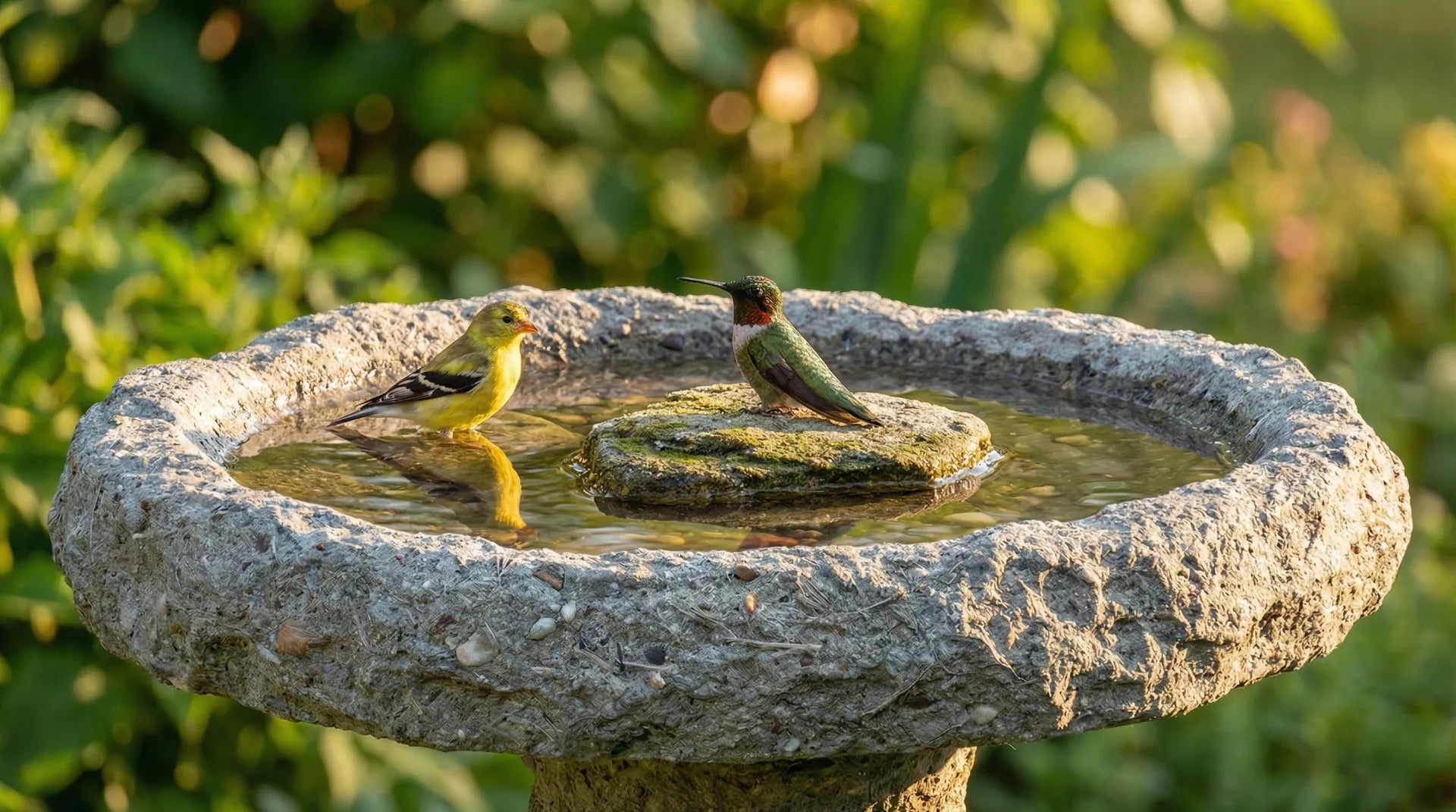 Safe shallow bird bath with rough texture and stone island for hummingbirds.