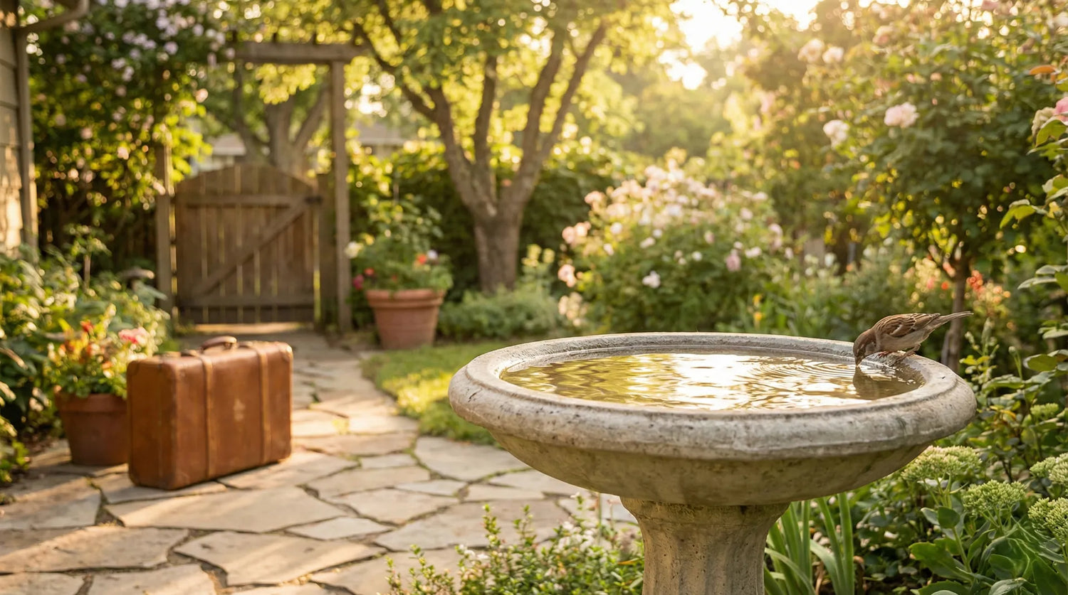 Serene backyard garden with a heavy concrete bird bath and a suitcase, symbolizing vacation preparation for wildlife care.