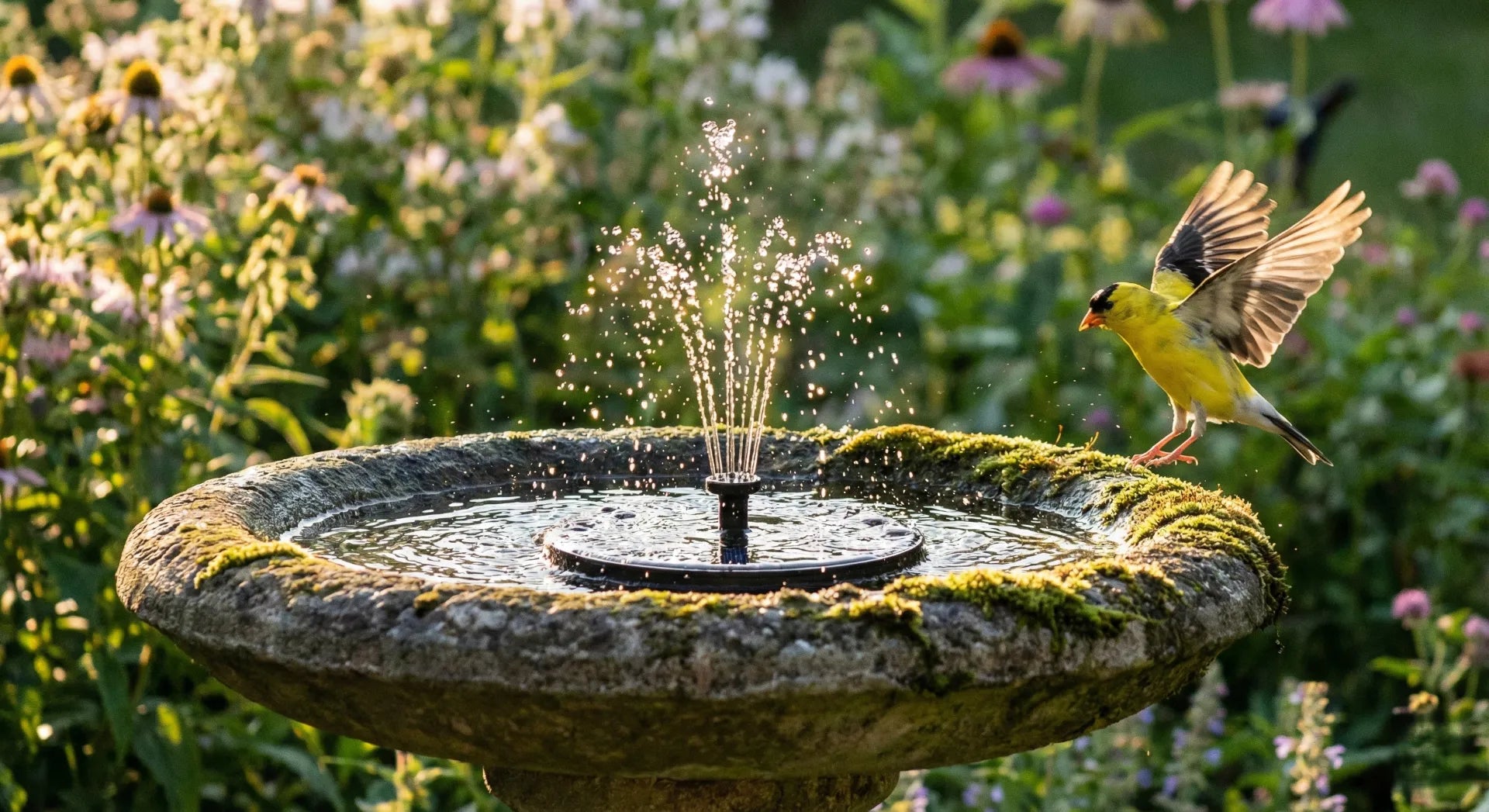 Solar bird bath fountain creating sparkling moving water to attract a goldfinch.