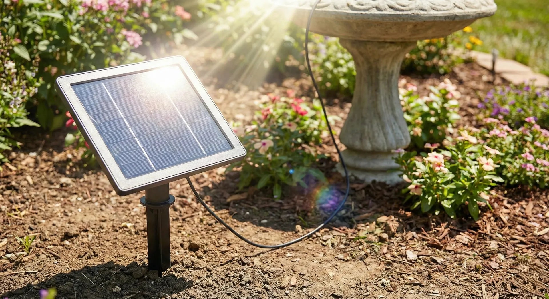 Solar panel installation for an outdoor bird bath fountain.