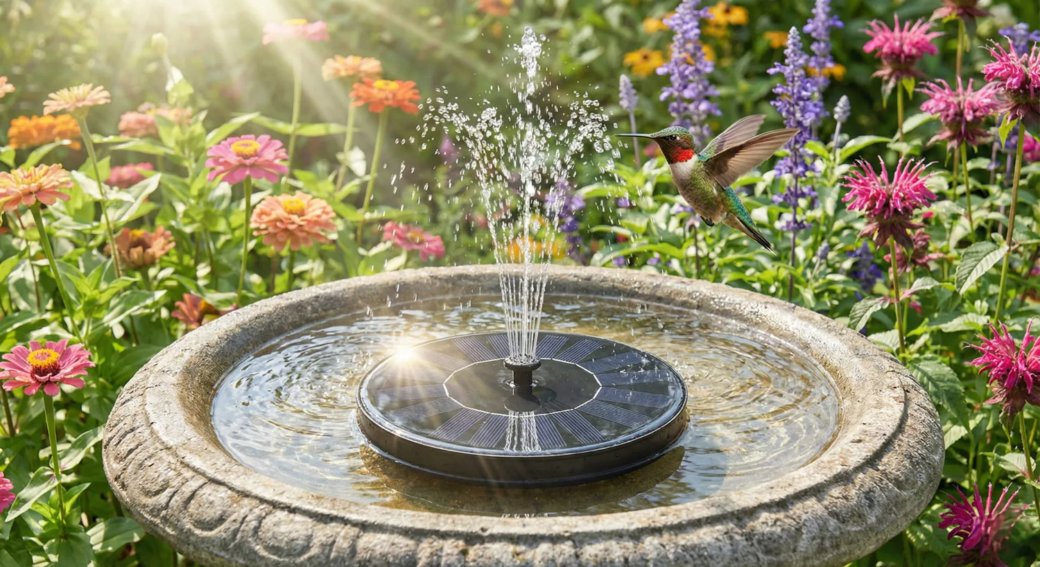 Solar powered bird bath fountain spraying water in direct sunlight with a hummingbird.