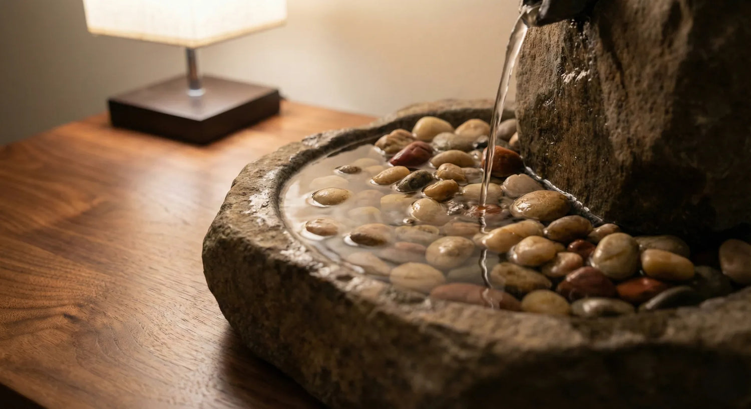 Splash-free indoor tabletop rock fountain with river stones on a wooden desk
