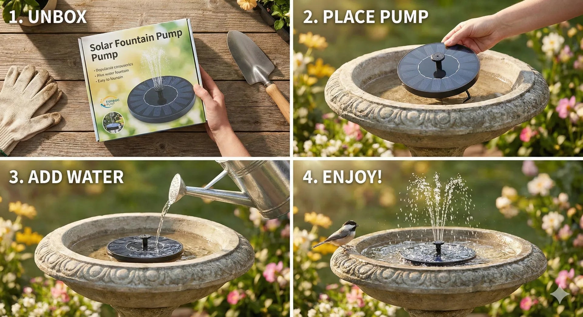 Steps to build a DIY solar bird bath fountain using a concrete pedestal.