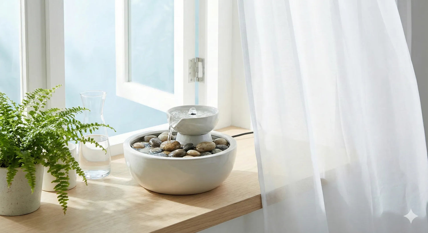 Tabletop fountain near a window for fresh air and negative ions