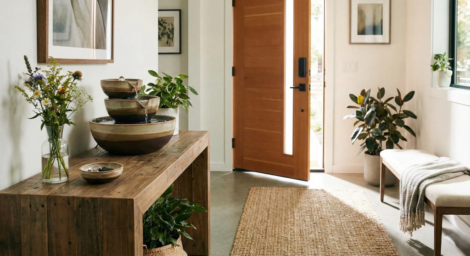 Tabletop fountain placed on an entryway console table for Feng Shui.