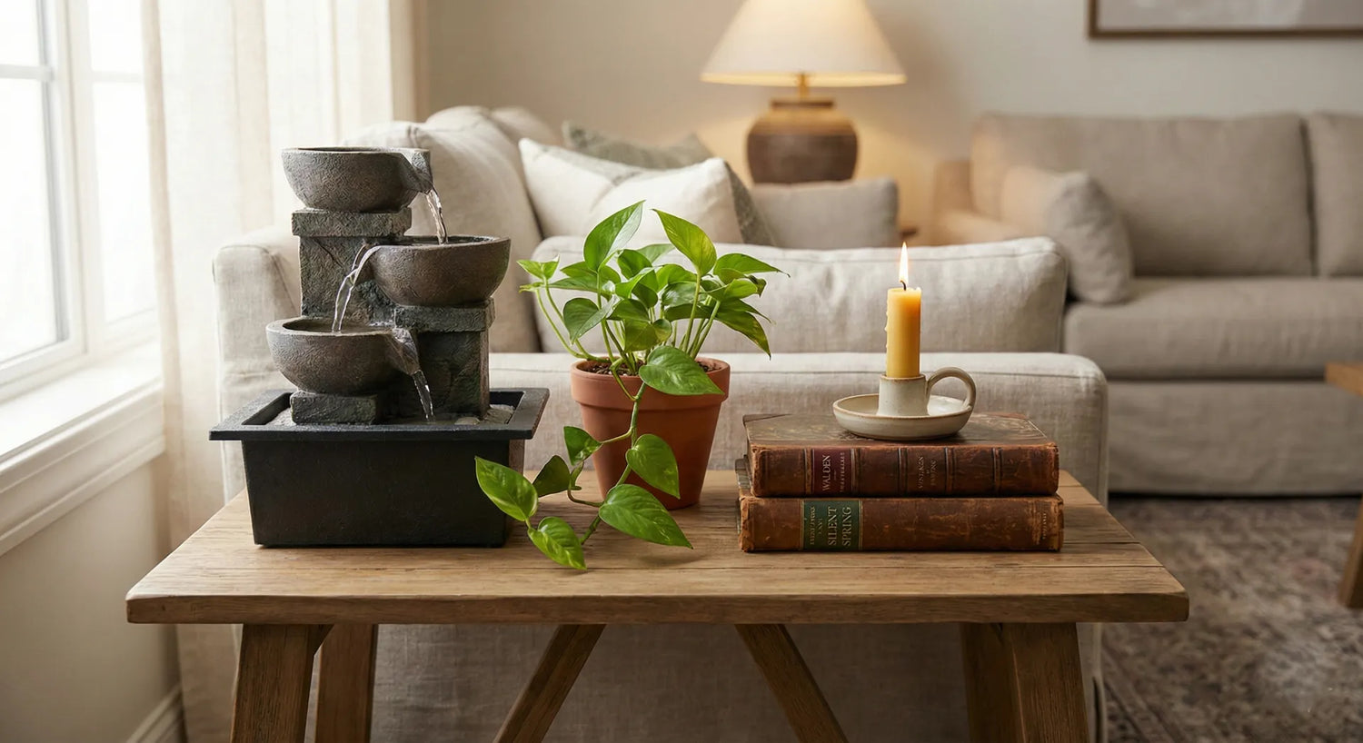Tabletop fountain styled with plants and books using the rule of three