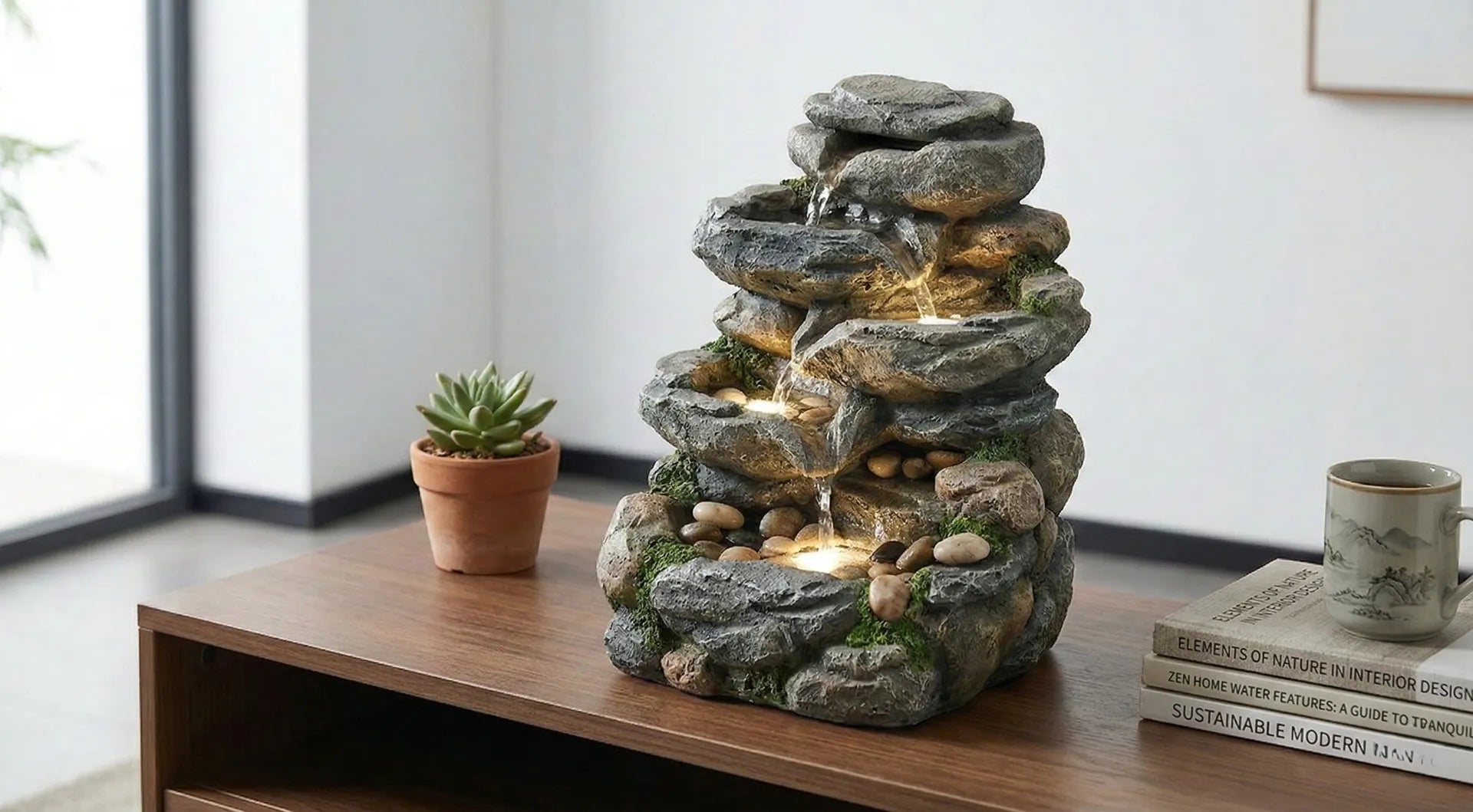 Tabletop rock waterfall fountain with LED lights on a dark wood desk.