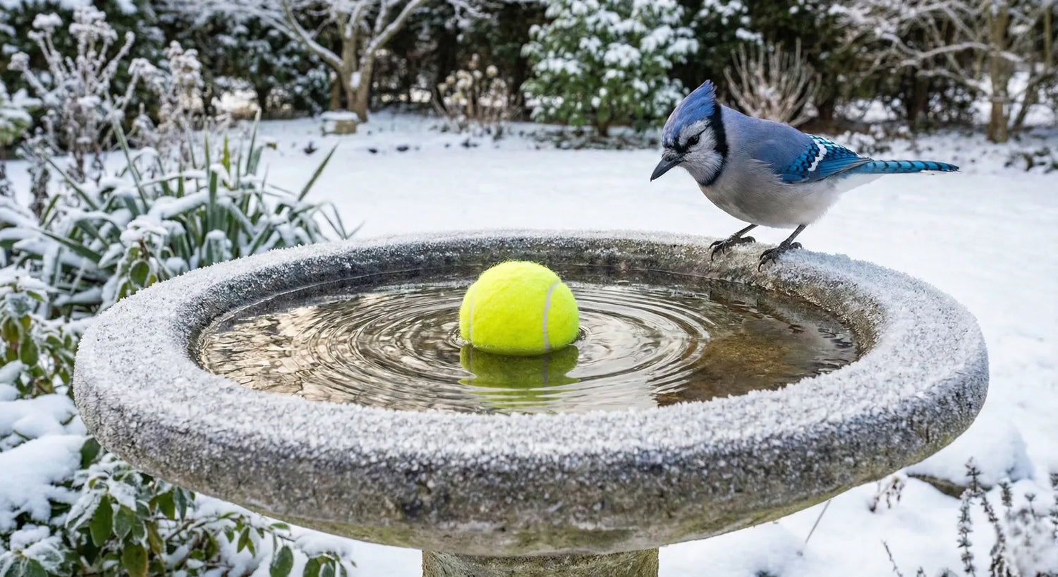 Tennis ball floating in a bird bath to prevent water from freezing in winter