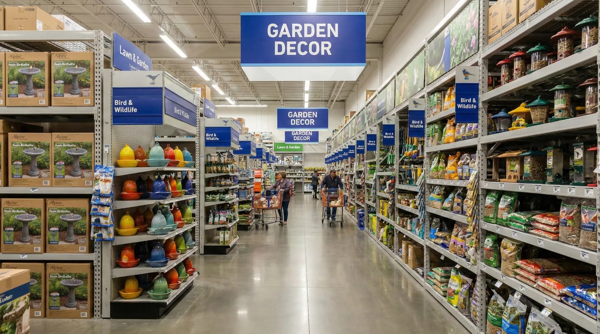 The Bird & Wildlife aisle inside Lowe's Lawn & Garden department displaying resin and ceramic bird baths.