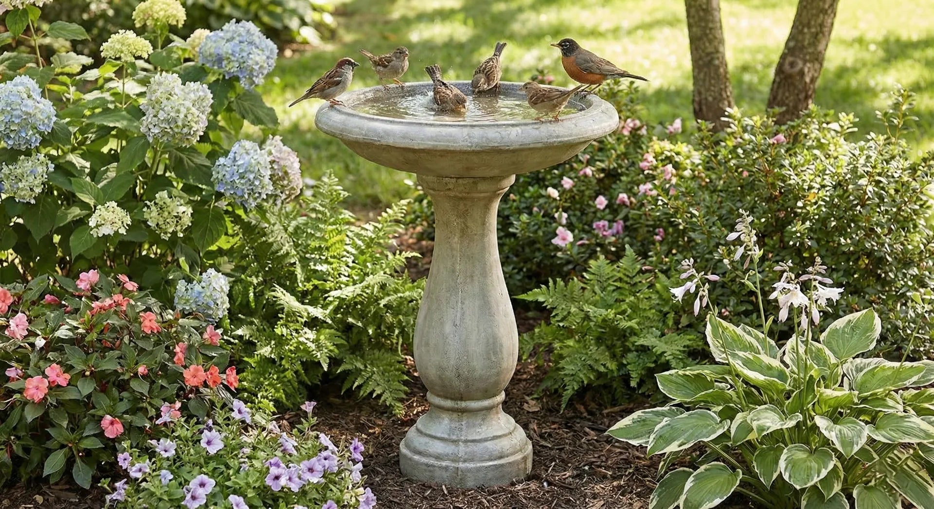 Three American Robins bathing in a heavy duty concrete bird bath without tipping it over