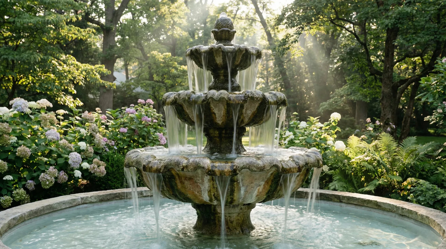 Tiered stone garden fountain with crystal clear running water in a lush, sunlit backyard.