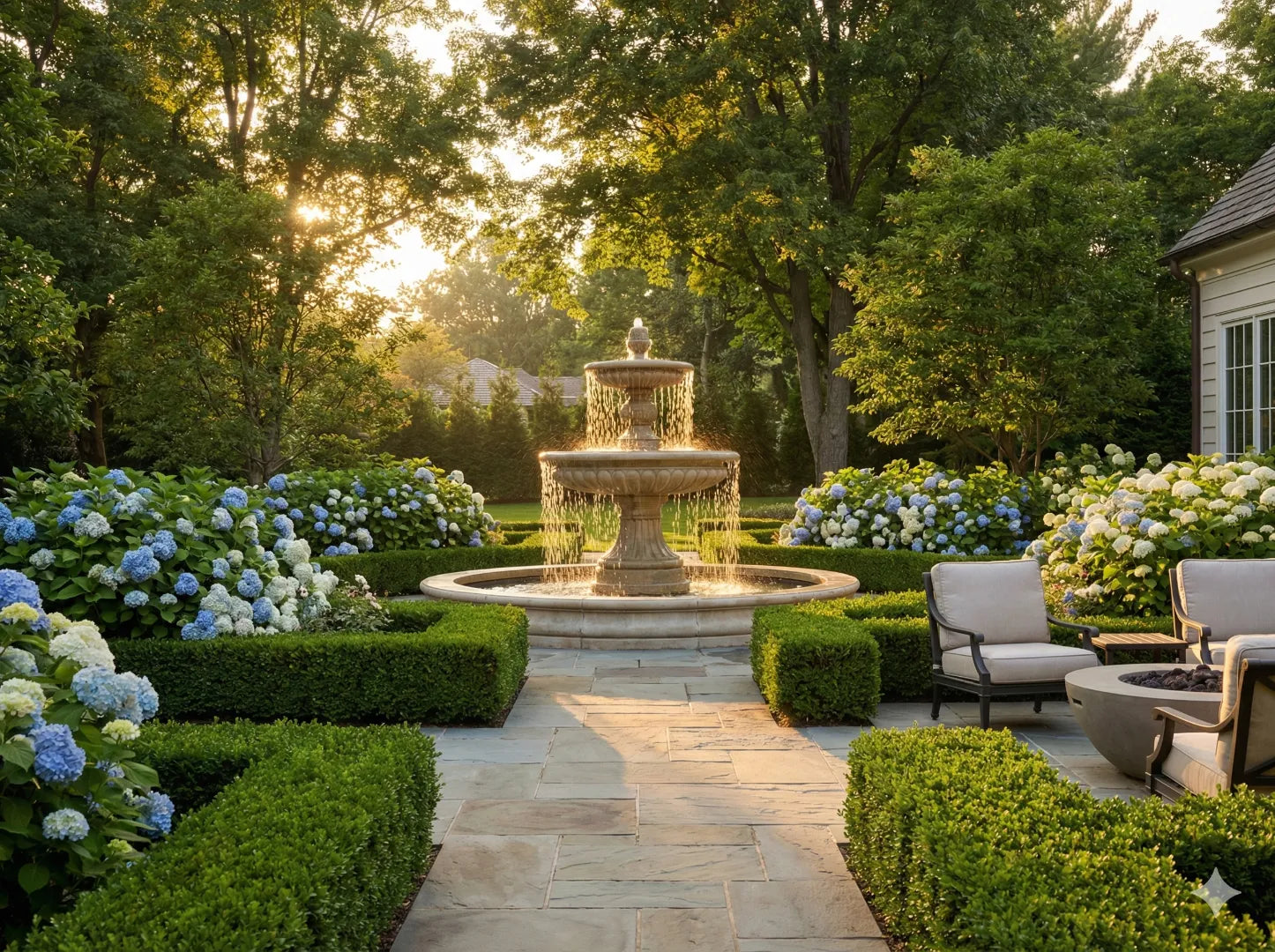 Tiered stone outdoor fountain serving as a visual focal point in a professionally designed garden landscape