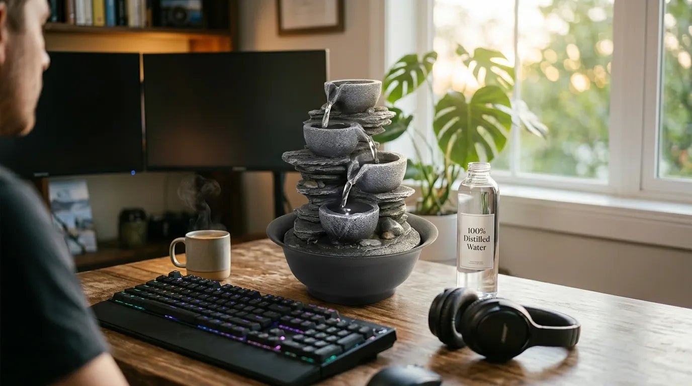 Ultimate WFH desk setup featuring a whisper-quiet polyresin tabletop water fountain.