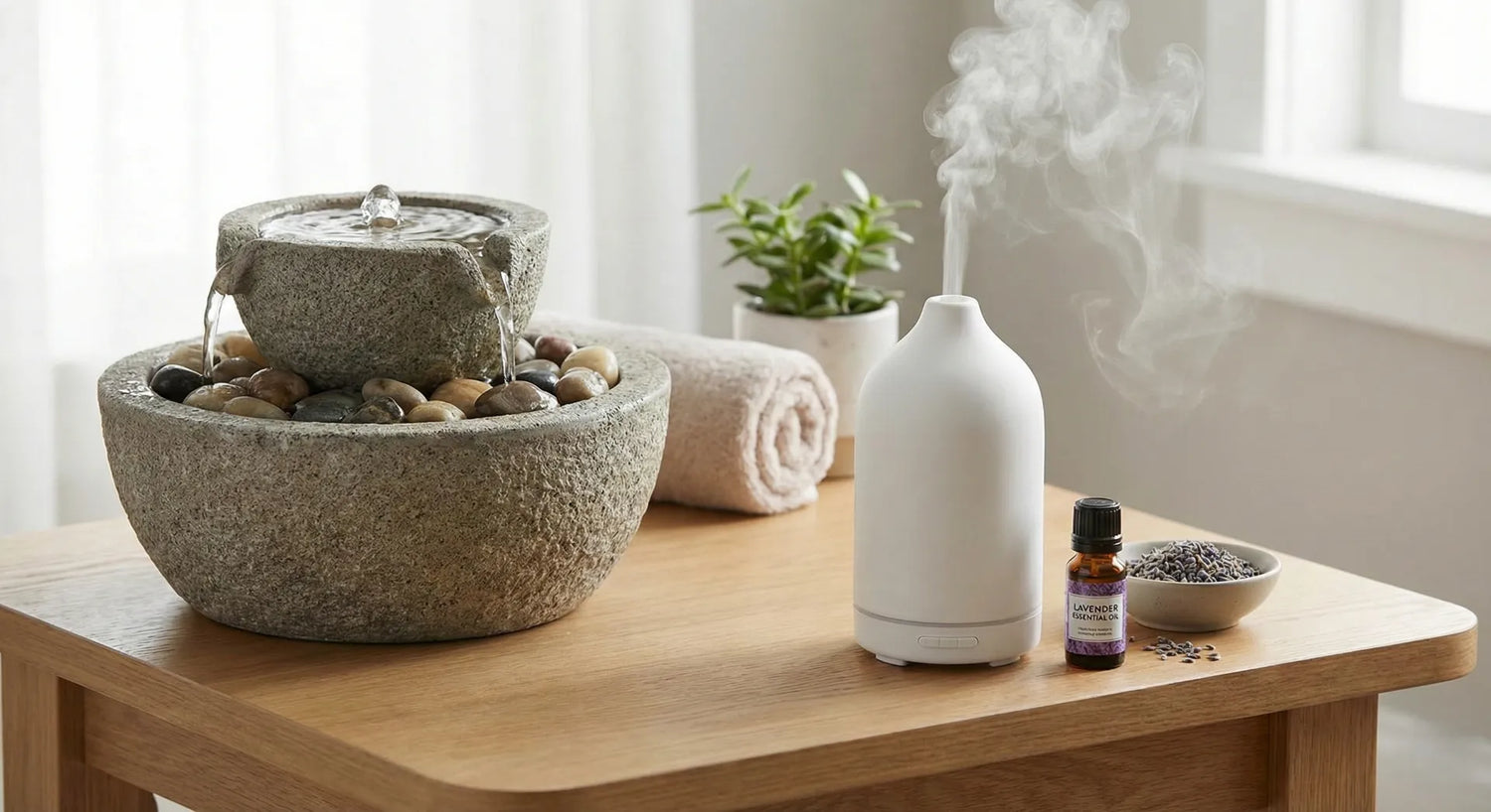 Using an essential oil diffuser next to a tabletop water fountain