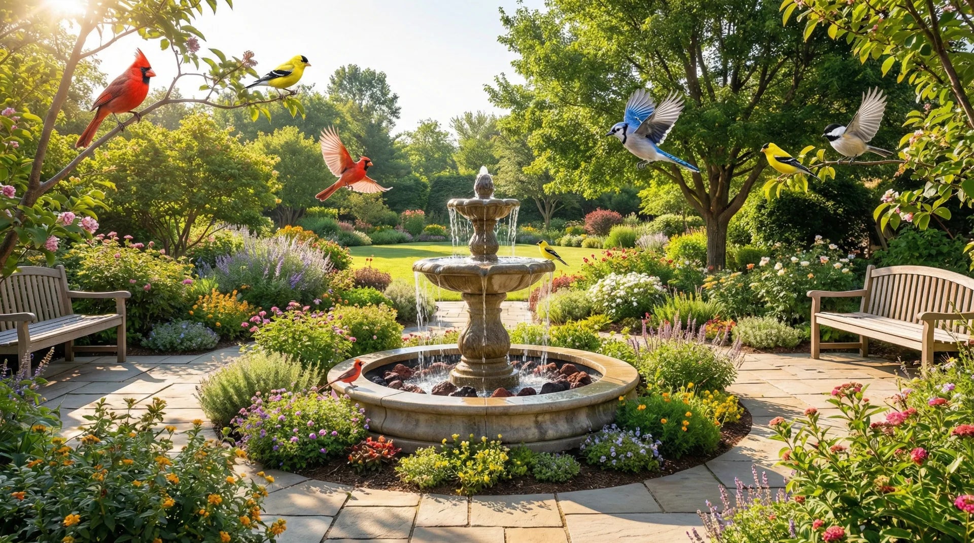 Wide-angle view of a professional backyard bird sanctuary featuring a tiered stone fountain placed 8 feet away from shrubs for predator safety, with clear water and lava rocks.