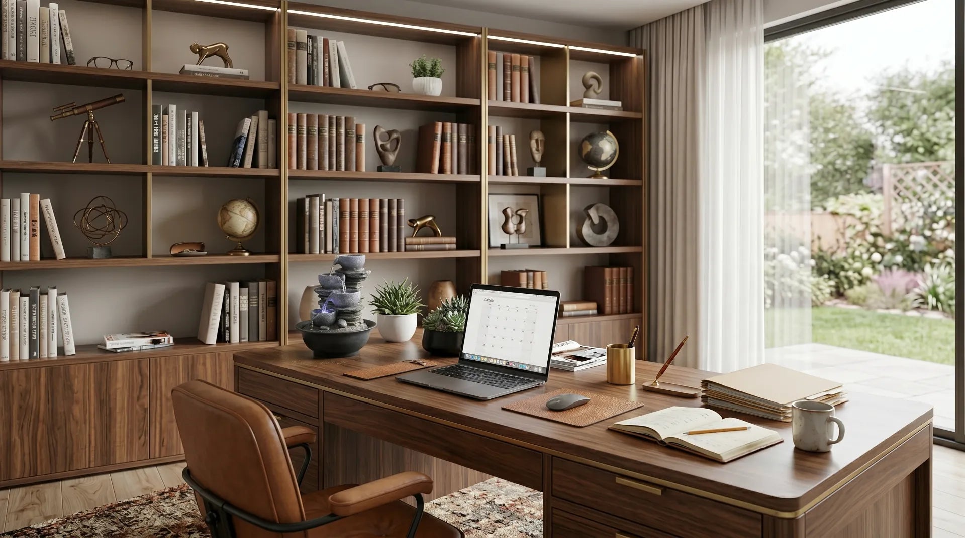 Zero-splash tabletop water fountain on a modern home office desk