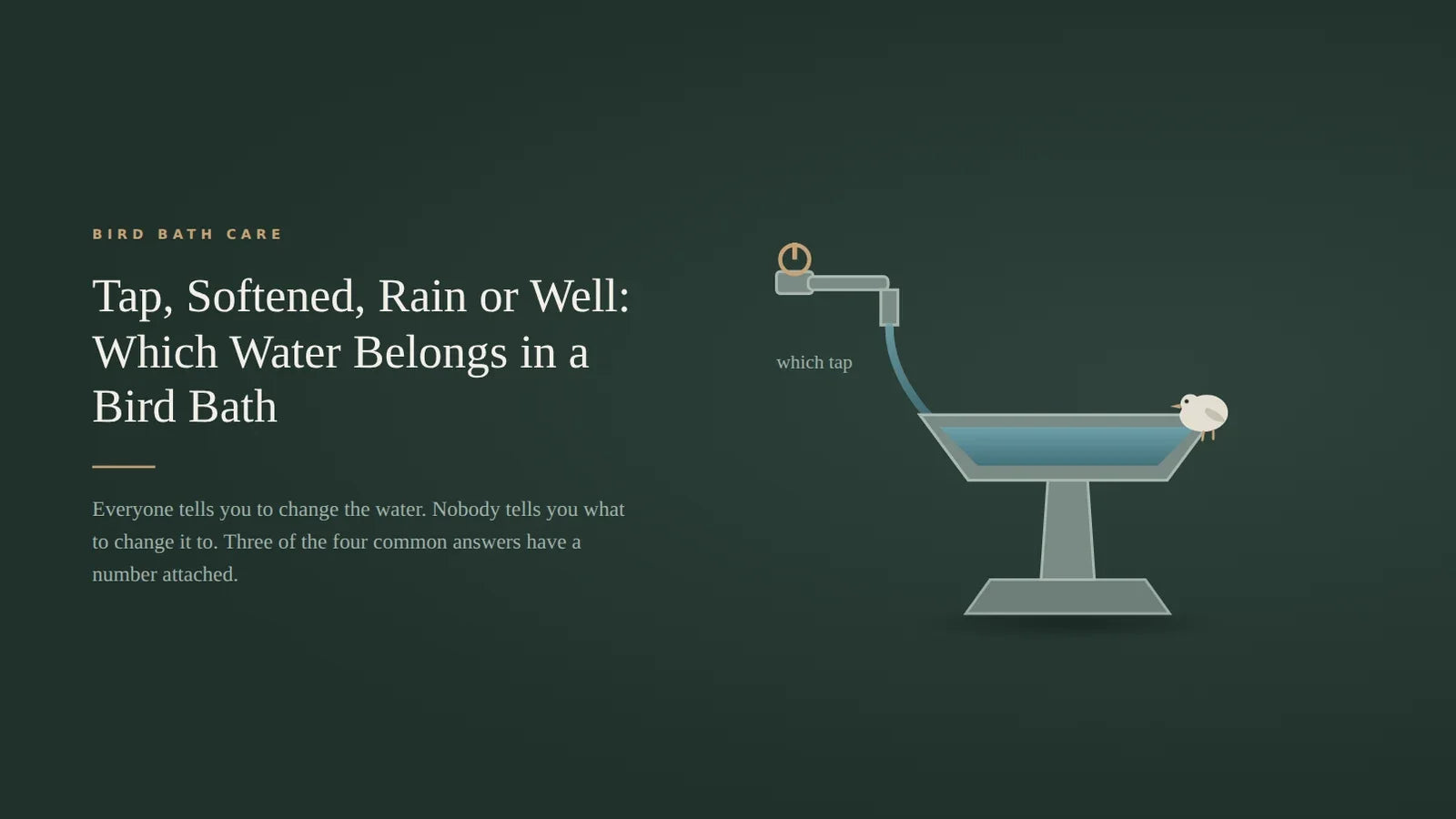 A garden spigot pouring water into a concrete pedestal bird bath in dark green, with a small bird perched on the rim