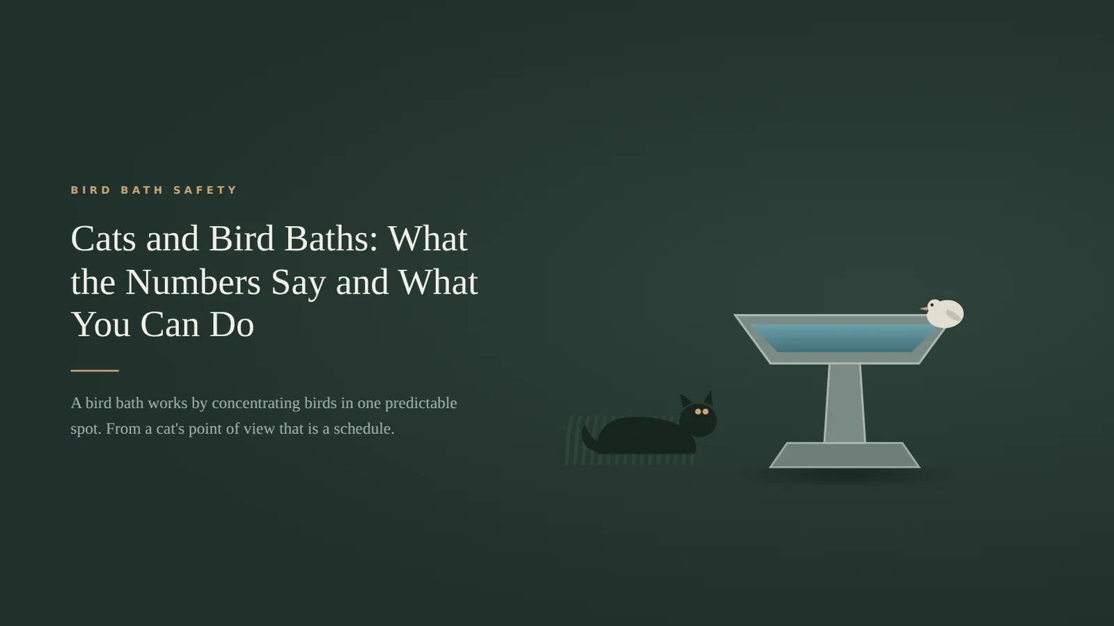 A dark green illustration of a concrete pedestal bird bath with a small bird on the rim and a cat crouching in grass to one side