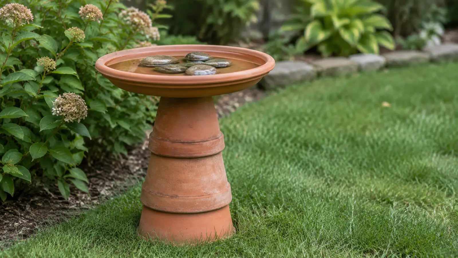 A homemade bird bath made from an unglazed terracotta plant saucer resting on two inverted terracotta pots, standing on a lawn beside a hydrangea, with shallow water and flat stones breaking the surface