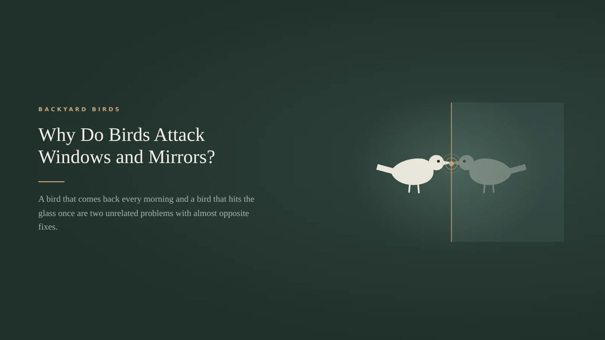 A bird facing its own reflection across the edge of a pane of glass, drawn as pale silhouettes on a dark green card