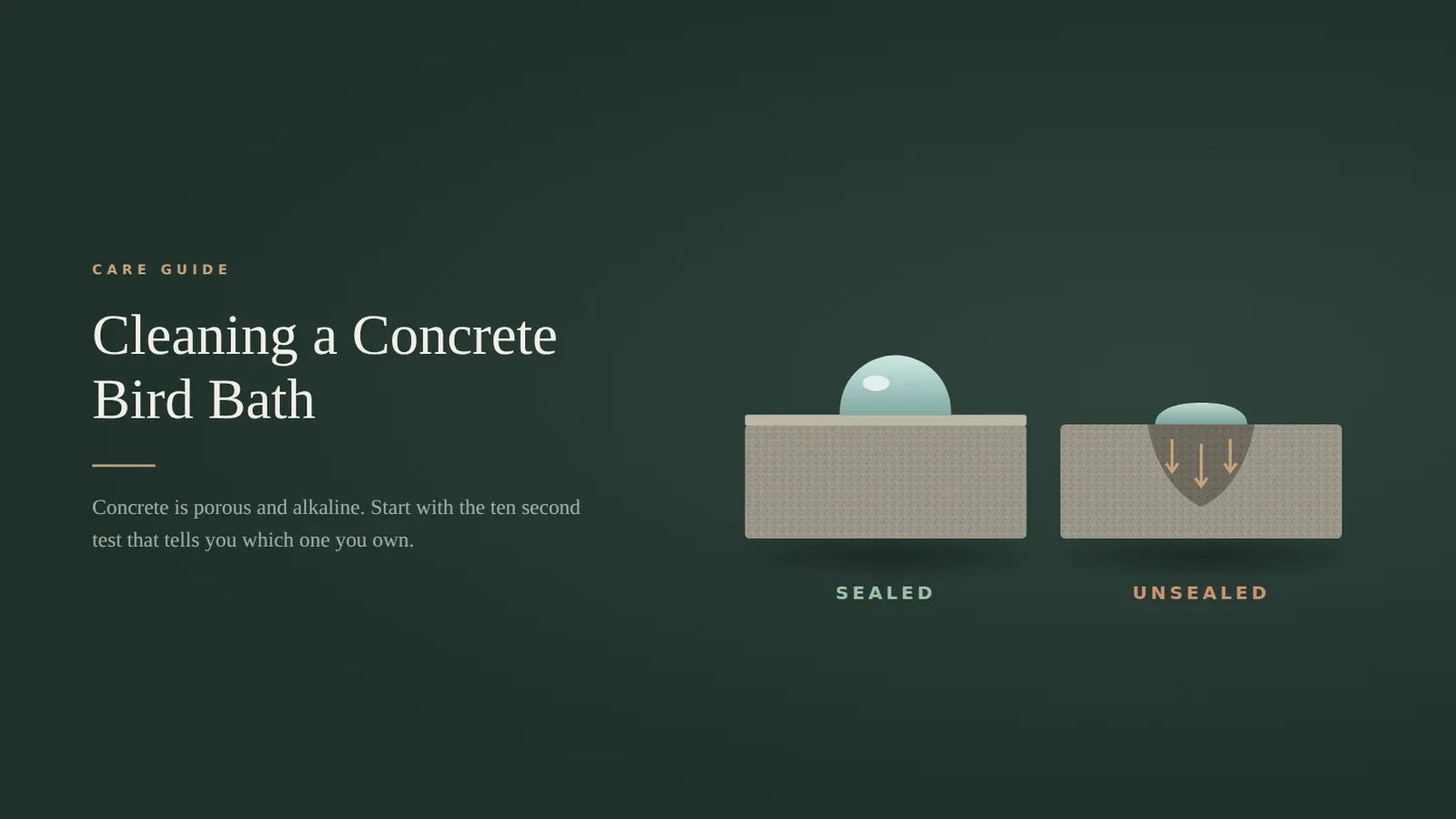 Diagram cover for cleaning a concrete bird bath, showing a water droplet beading on sealed concrete beside a droplet soaking into unsealed concrete