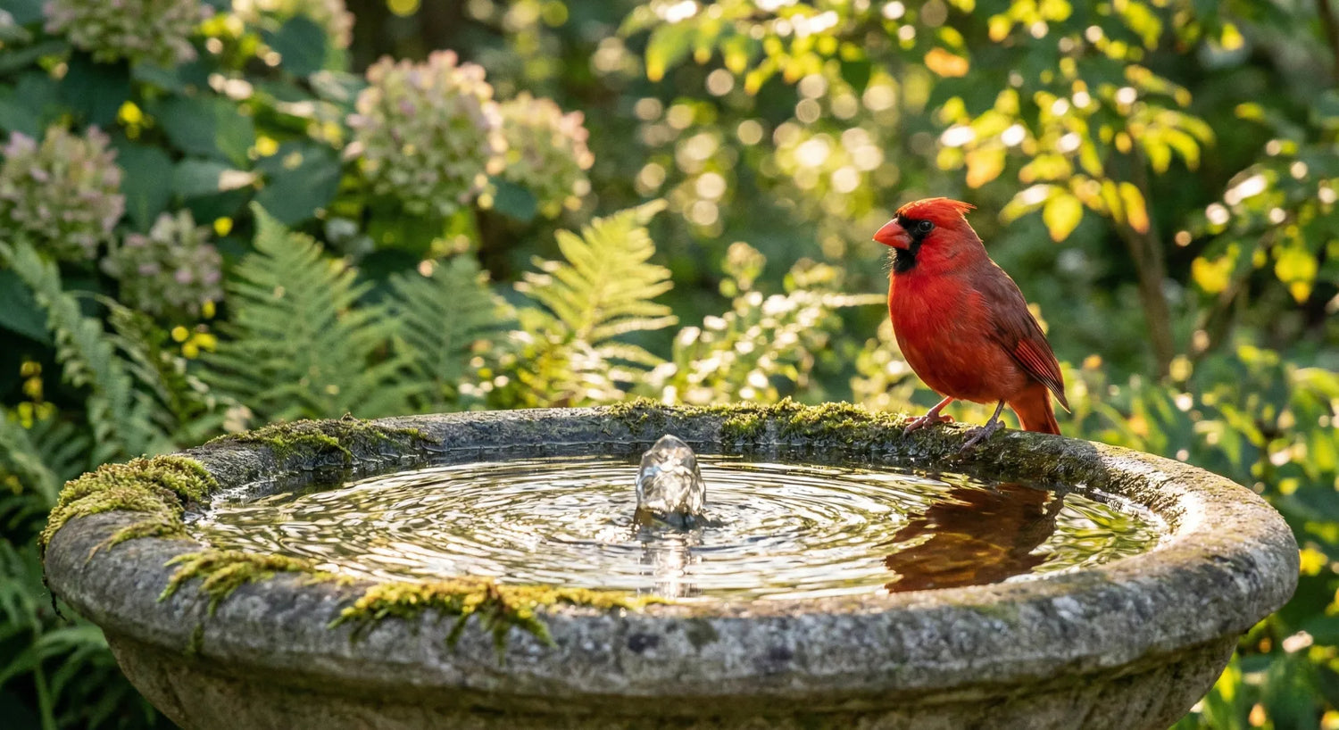 Bright red Cardinal drinking from a bird bath fountain with rippling water, illustrating how to successfully attract birds to your garden.