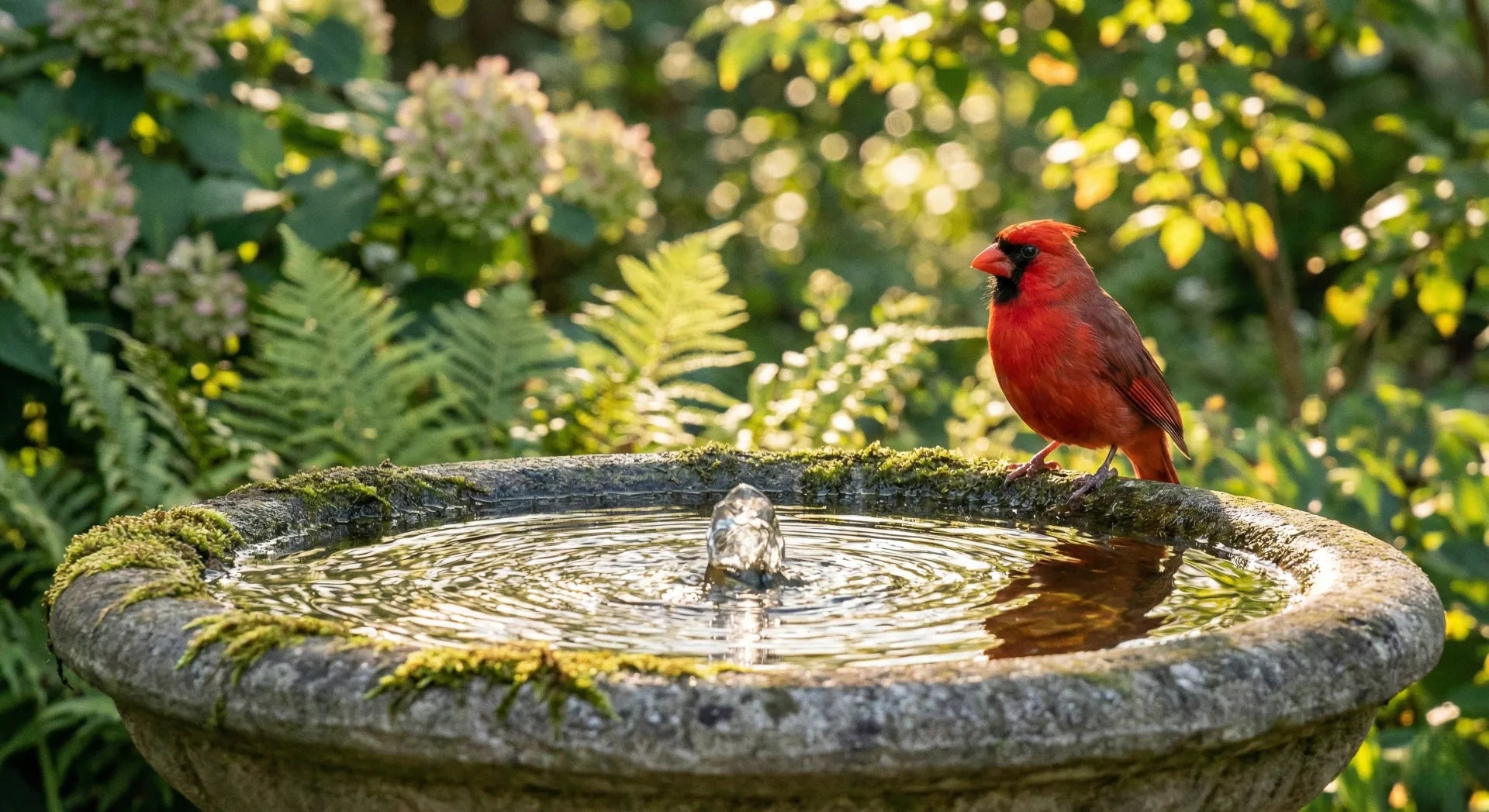 Bright red Cardinal drinking from a bird bath fountain with rippling water, illustrating how to successfully attract birds to your garden.