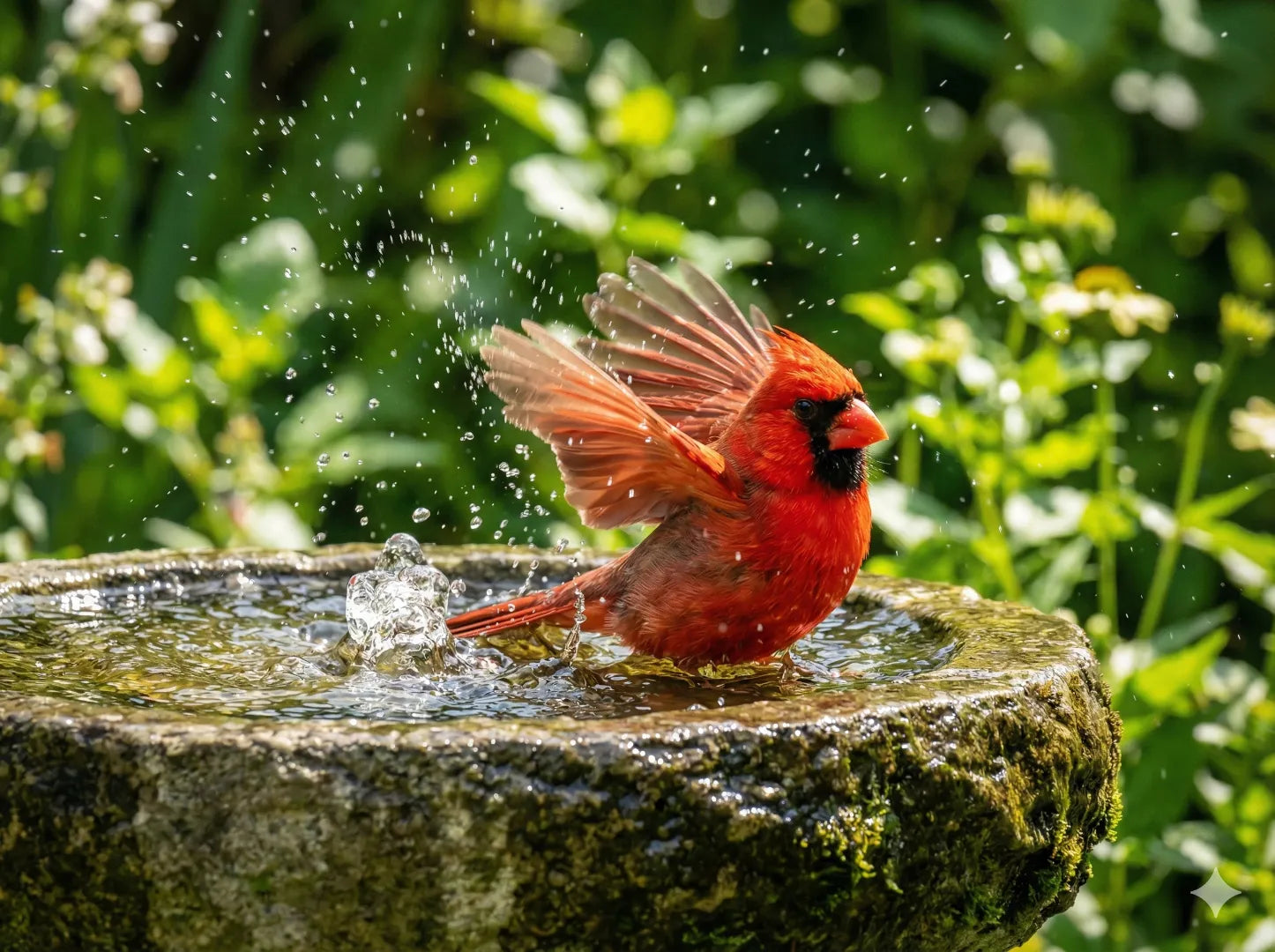 Cardinal bird splashing in a bubbling stone bird bath fountain
