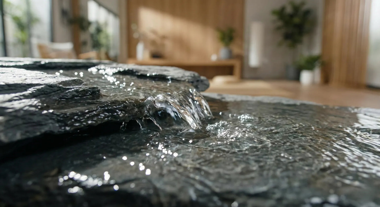 Close up of crystal clear water flowing over a slate indoor fountain, showing zero algae buildup.