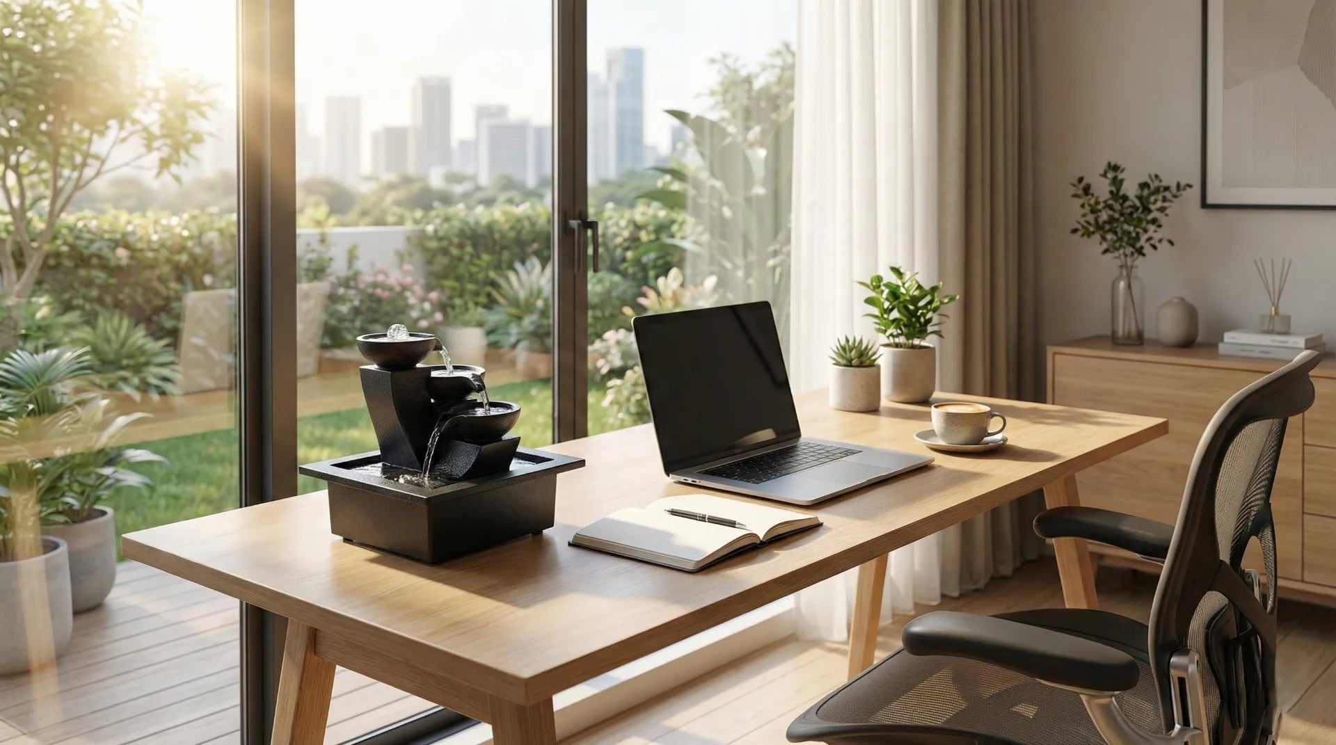 Modern home office desk with a small tabletop water fountain for productivity