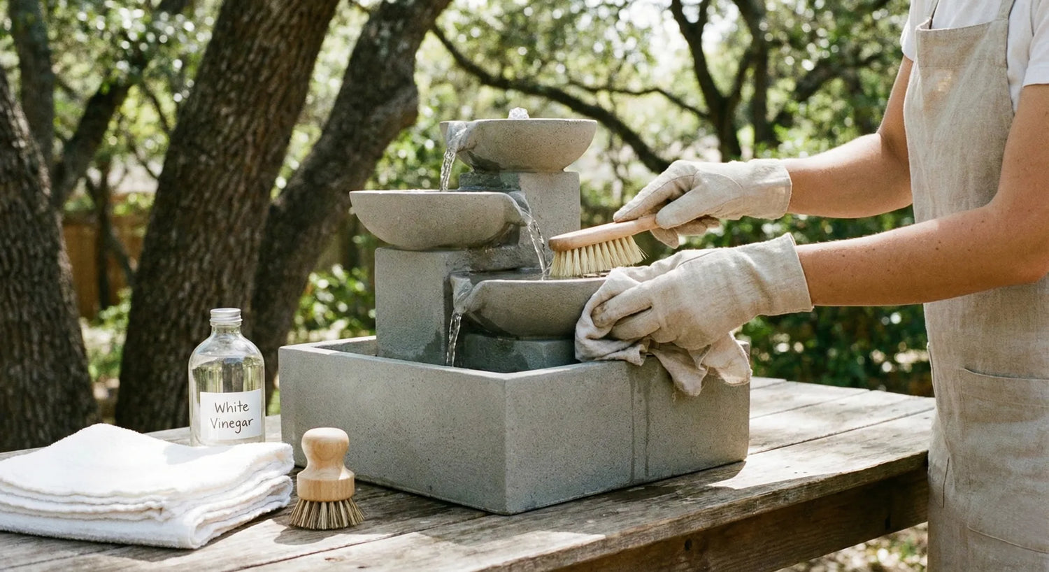Person cleaning a cast stone outdoor fountain with a soft brush and white vinegar to remove algae and mineral buildup.